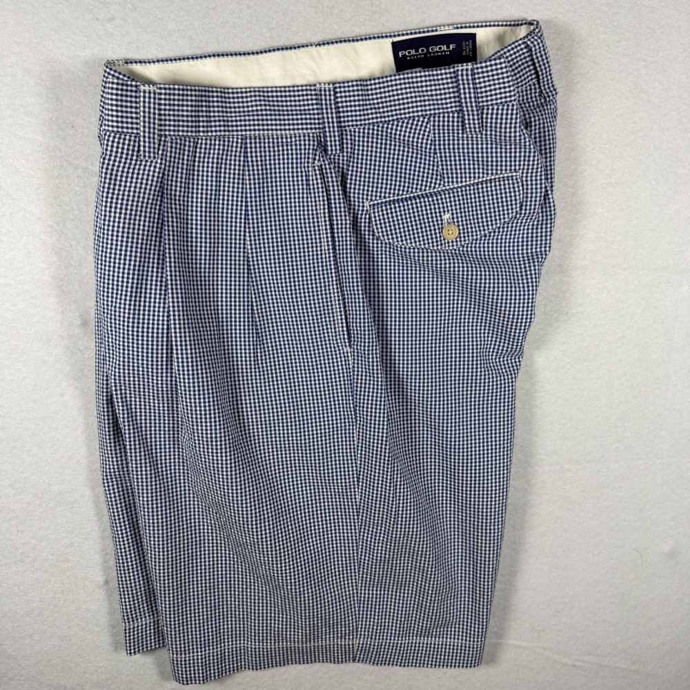 Polo Golf Ralph Lauren Fairway Shorts Mens 35 Blue White Gingham Pleated Cotton